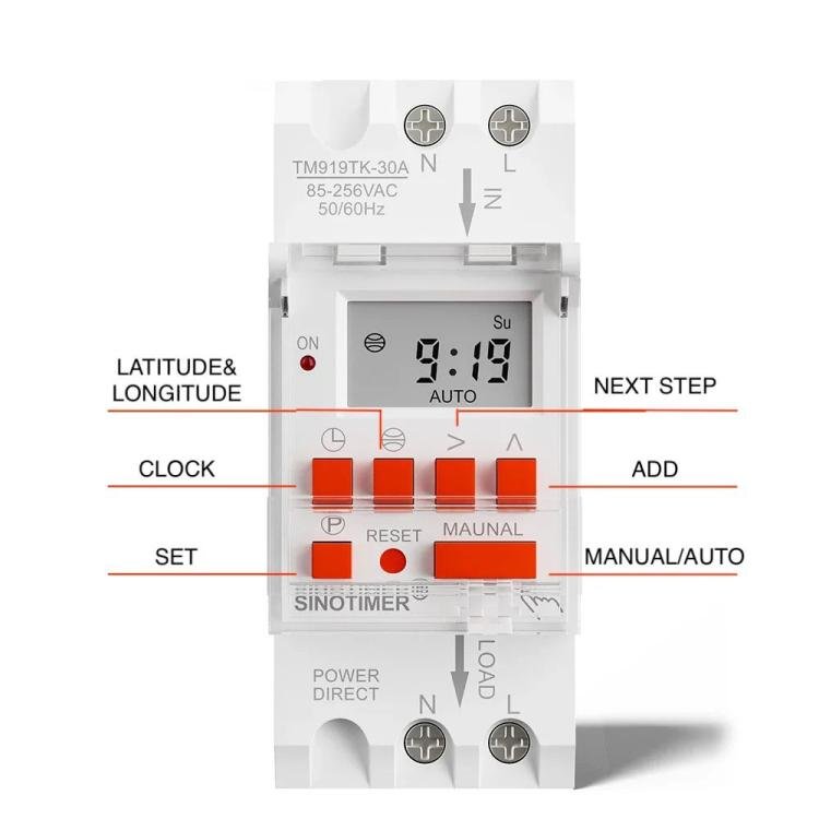 SINOTIMER TM919TK - 16A 85 - 265VAC Astronomical Time Switch For Automatic Calculation Of Sunrise And Sunset In Latitude And Longitude - British D'sire