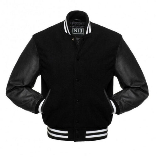 SJI Men's Varsity Letterman Bomber Baseball jacket Genuine Leather-Sleeve Premium Quality With White Strip