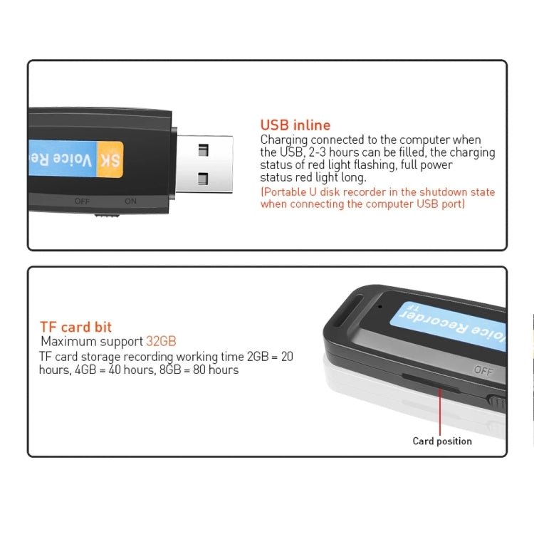 SK001 Professional Rechargeable U-Disk Portable USB Digital Audio Voice Recorder Pen Support TF Card - British D'sire