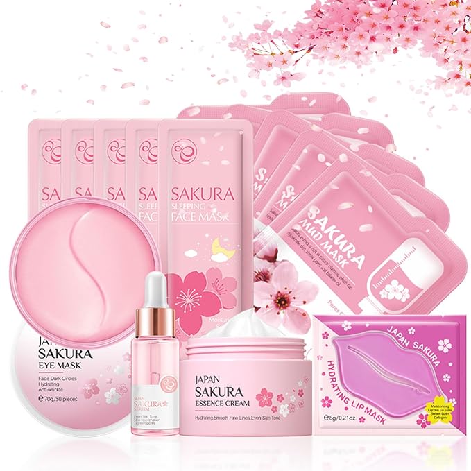 Skin Care For Teenage Girls,Cherry Blossom Skincare Sets Teen Skincare Set, Pamper Sets For Women Gifts,Skin Care Sets & Kits Face Serum,Face Cream,Sleep Mask,Eye Mask,Mud Mask,Lip Mask (SetA) - British D'sire Main image