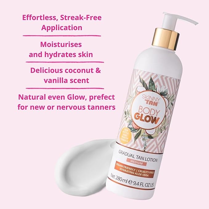Skinny Tan Body Glow Moisturising Gradual Tan Lotion - Fake Tan Moisturiser, Cruelty-Free, Paraben Free & Vegan Tanning Moisturiser, Body Lotion with Coconut & Vanilla Aroma, 280ml - British D'sire