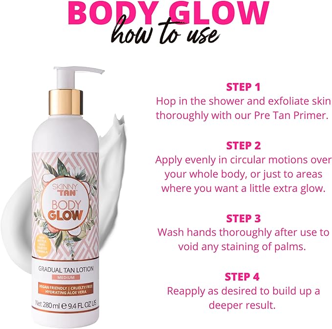 Skinny Tan Body Glow Moisturising Gradual Tan Lotion - Fake Tan Moisturiser, Cruelty-Free, Paraben Free & Vegan Tanning Moisturiser, Body Lotion with Coconut & Vanilla Aroma, 280ml - British D'sire