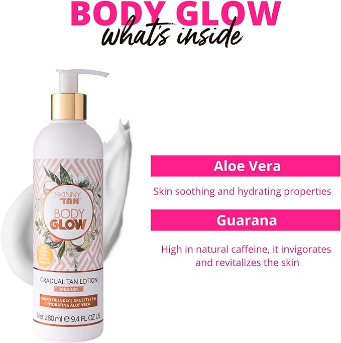 Skinny Tan Body Glow Moisturising Gradual Tan Lotion - Fake Tan Moisturiser, Cruelty-Free, Paraben Free & Vegan Tanning Moisturiser, Body Lotion with Coconut & Vanilla Aroma, 280ml - British D'sire