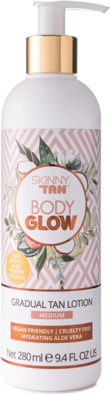 Skinny Tan Body Glow Moisturising Gradual Tan Lotion - Fake Tan Moisturiser, Cruelty-Free, Paraben Free & Vegan Tanning Moisturiser, Body Lotion with Coconut & Vanilla Aroma, 280ml - British D'sire