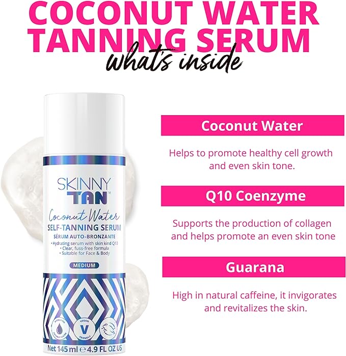 Skinny Tan Coconut Water Serum - Streak Free Fake Tan Serum for Natural Glow with Youth Boosting Q10 & Vitamin E, Vegan & Cruelty Free Skincare - 145ml - British D'sire