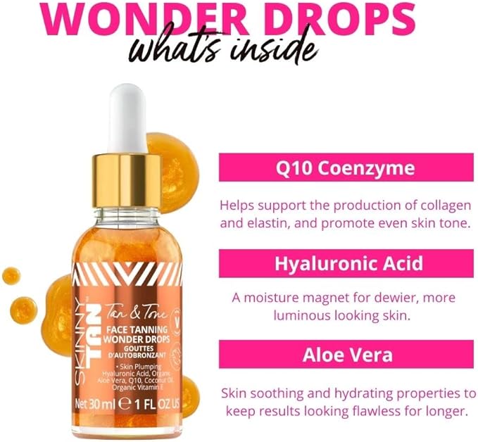 Skinny Tan Tan and Tone Face Tanning Wonder Drops Serum - Hyaluronic Acid for Dewy, Luminous Finish - Helps Even Skin Tone - Enhance Your Complexion - Transform Skincare Into Gradual Tanner - 1 oz - British D'sire