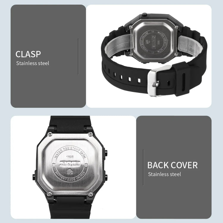 SKMEI 1698 50m Waterproof Multifunctional Sports Square Pin Buckle Luminous Digital Watch(Black White) - British D'sire