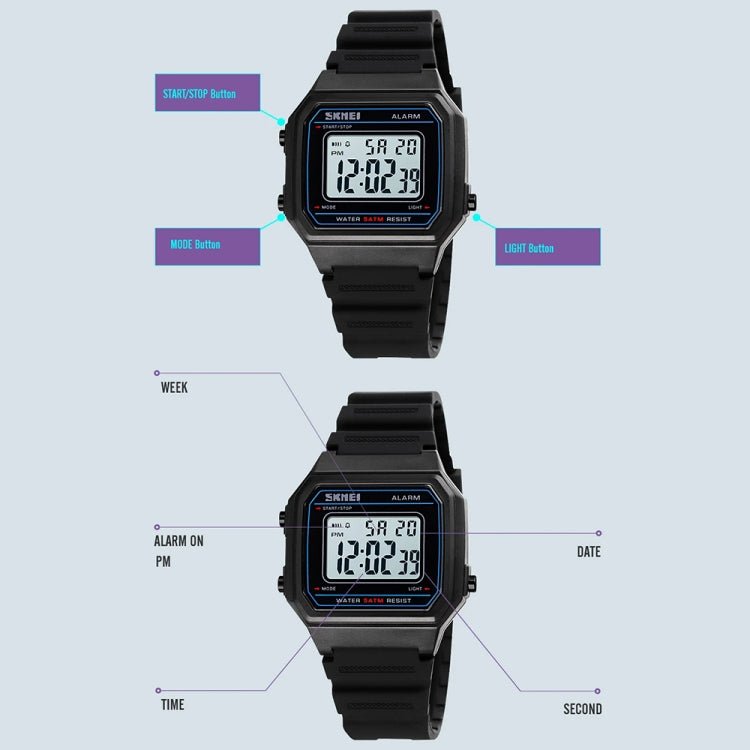 SKMEI 1698 50m Waterproof Multifunctional Sports Square Pin Buckle Luminous Digital Watch(Black White) - British D'sire
