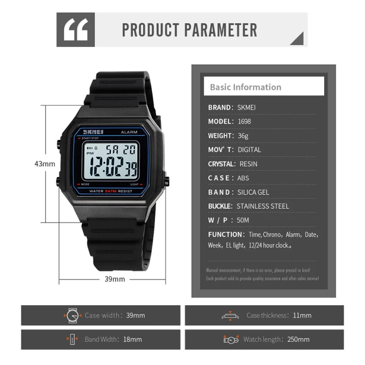 SKMEI 1698 50m Waterproof Multifunctional Sports Square Pin Buckle Luminous Digital Watch(Black White) - British D'sire