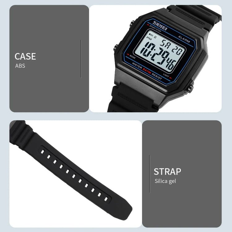 SKMEI 1698 50m Waterproof Multifunctional Sports Square Pin Buckle Luminous Digital Watch(Black White) - British D'sire