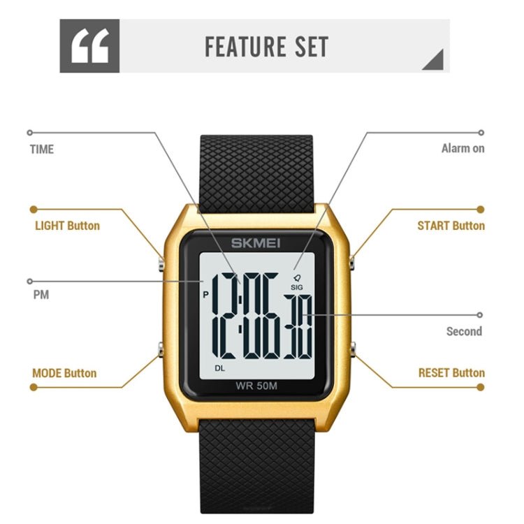 SKMEI 1866 Square Large Screen Men Steel Belt Multi-function Night Light Alarm Clock Watch(Gold White Machine) - British D'sire