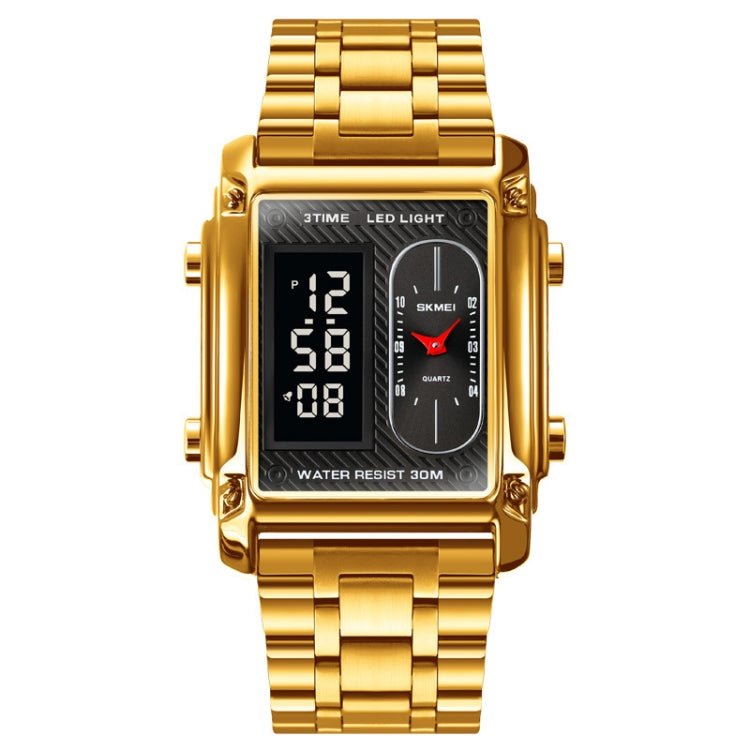 SKMEI 1868 Square Double Display Waterproof Men Watch, Style: Steel Belt (Gold) - British D'sire Main image