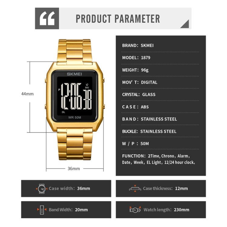 SKMEI 1879 Square Large Screen Men Steel Belt Multi-function EL Luminous Watch, Color: Gold - British D'sire
