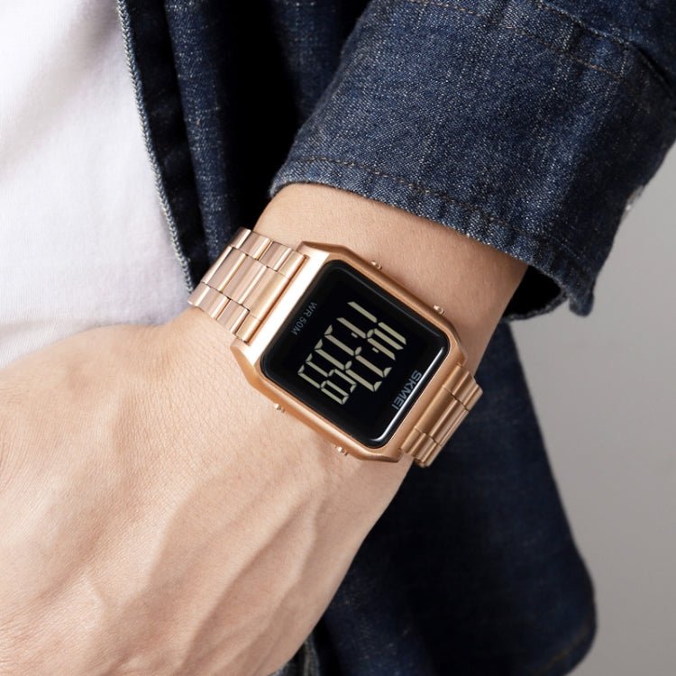 SKMEI 1879 Square Large Screen Men Steel Belt Multi-function EL Luminous Watch, Color: Gold - British D'sire