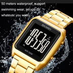 SKMEI 1879 Square Large Screen Men Steel Belt Multi-function EL Luminous Watch, Color: Gold - British D'sire