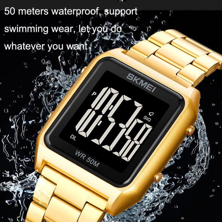 SKMEI 1879 Square Large Screen Men Steel Belt Multi-function EL Luminous Watch, Color: Gold - British D'sire