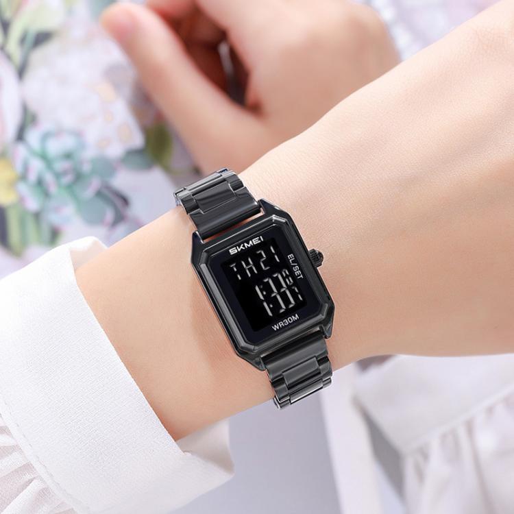 SKMEI 2493 Small Women Electronic Watch Square Steel Strap Watch, Style: Black Case White - British D'sire