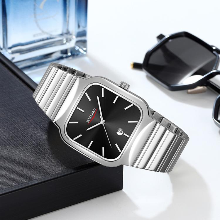 SKMEI 9361 Steel Strap Textured Dial Watch Business Casual Square Quartz Watch, Style: Silver Case Black Dial - British D'sire