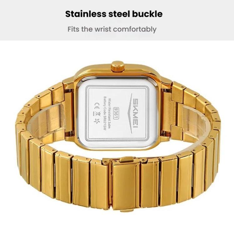 SKMEI 9361 Steel Strap Textured Dial Watch Business Casual Square Quartz Watch, Style: Silver Case Black Dial - British D'sire