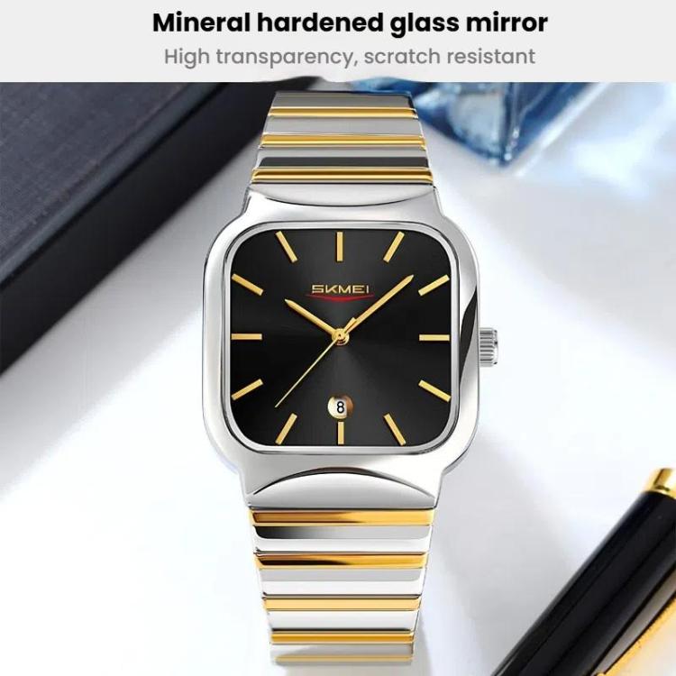 SKMEI 9361 Steel Strap Textured Dial Watch Business Casual Square Quartz Watch, Style: Silver Case Black Dial - British D'sire