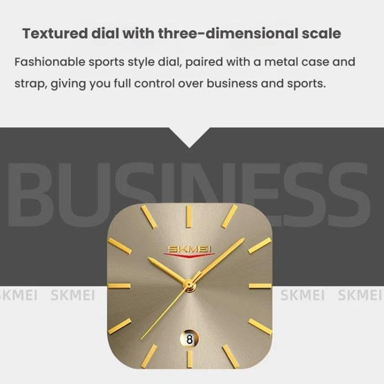 SKMEI 9361 Steel Strap Textured Dial Watch Business Casual Square Quartz Watch, Style: Silver Case Black Dial - British D'sire