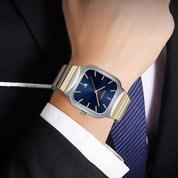 SKMEI 9361 Steel Strap Textured Dial Watch Business Casual Square Quartz Watch, Style: Silver Case Black Dial - British D'sire