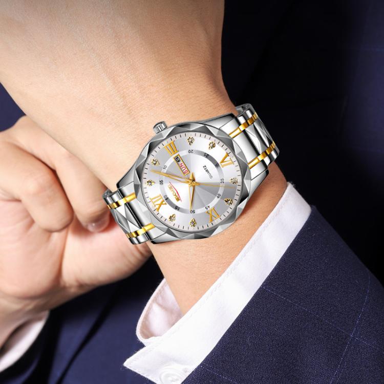 SKMEI Business Casual Watches Diamond Case Luminous Waterproof Quartz Watch, Style: Men Silver Gold Strap Green Dial Secondary image