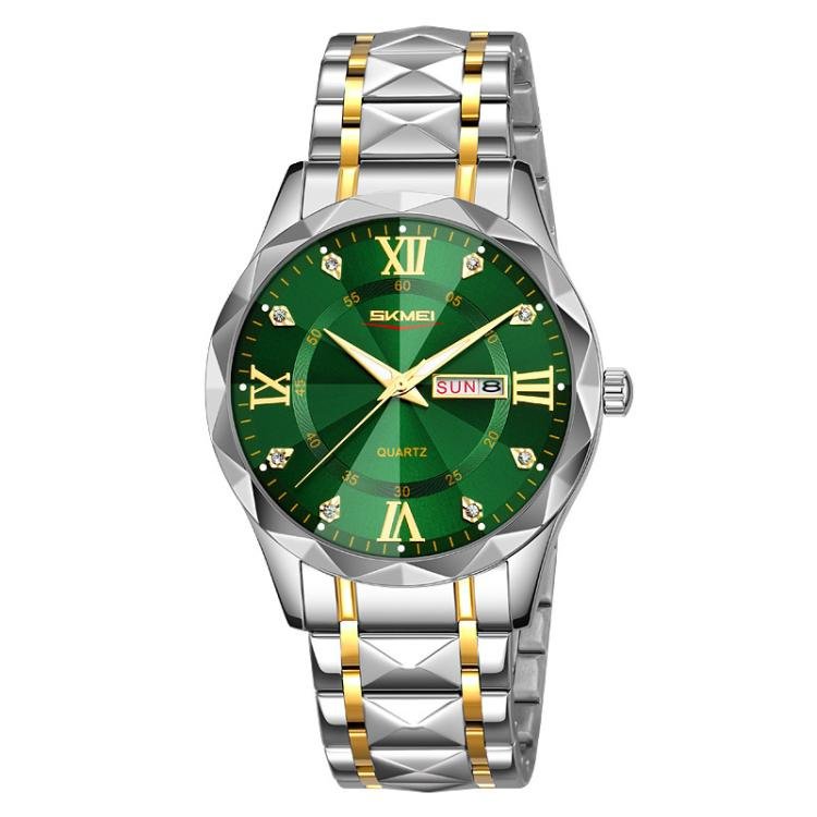 SKMEI Business Casual Watches Diamond Case Luminous Waterproof Quartz Watch, Style: Men Silver Gold Strap Green Dial - British D'sire Main image