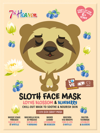7th Heaven Animal Face Sheet Mask Sloth - with Lotus Blossom and Blueberry Chill Out Mask to Soothe and Nourish Mask Main image