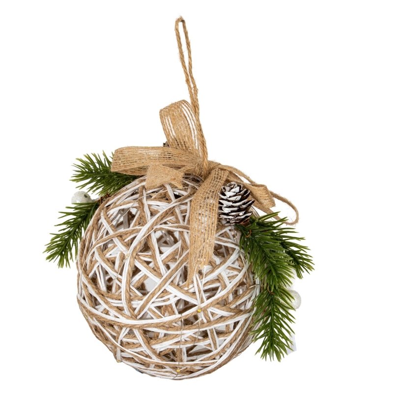 Small LED White Rattan Bauble With Branches And Ribbon - Christmas Decor - British D'sire