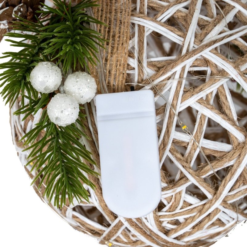 Small LED White Rattan Bauble With Branches And Ribbon - Christmas Decor - British D'sire