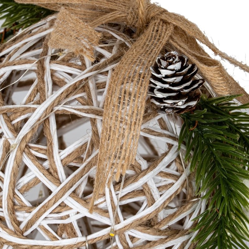 Small LED White Rattan Bauble With Branches And Ribbon - Christmas Decor - British D'sire