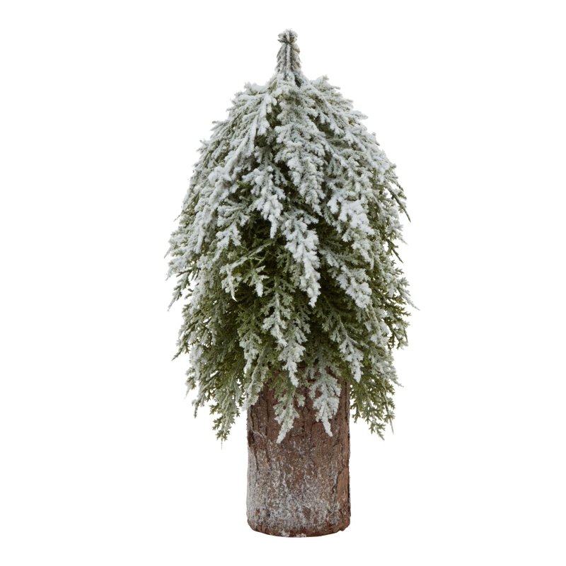 Small Snowy Fir Tree On Tall Wood Log - Christmas Decor - British D'sire