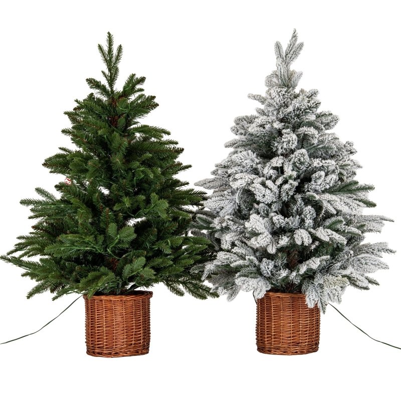 Snowy Norway Fir Pre-Lit Led 300L Fir Tree In Rattan Pot - Christmas Decor - British D'sire