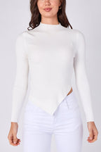 Soft Touch Ribbed Asymmetric Knit Top – White - Top - British D'sire