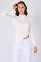 Soft Touch Ribbed Asymmetric Knit Top – White - Top - British D'sire