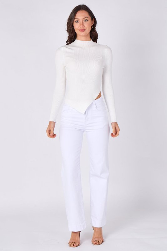 Soft Touch Ribbed Asymmetric Knit Top – White - Top - British D'sire Main image