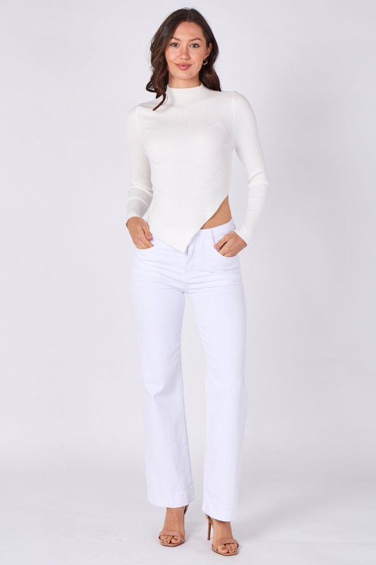 Soft Touch Ribbed Asymmetric Knit Top – White Secondary image