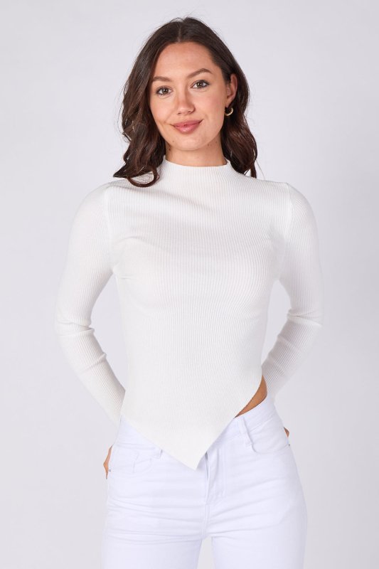 Soft Touch Ribbed Asymmetric Knit Top – White - Top - British D'sire
