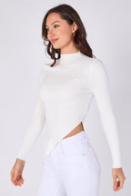 Soft Touch Ribbed Asymmetric Knit Top – White - Top - British D'sire