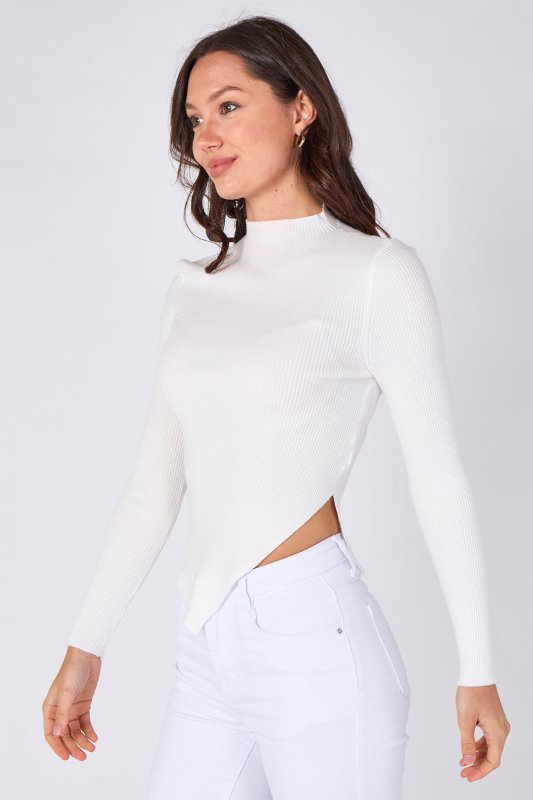 Soft Touch Ribbed Asymmetric Knit Top – White - Top - British D'sire