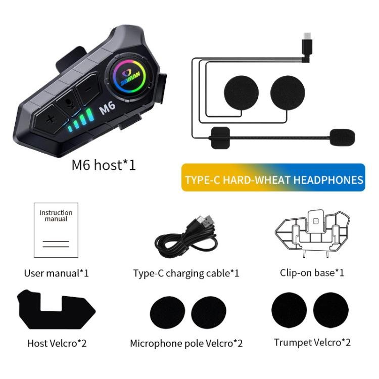 SOMAN Motorcycle Helmet Bluetooth Headset Stereo Voice Microphone, Style:M6-Hard Mic Secondary image