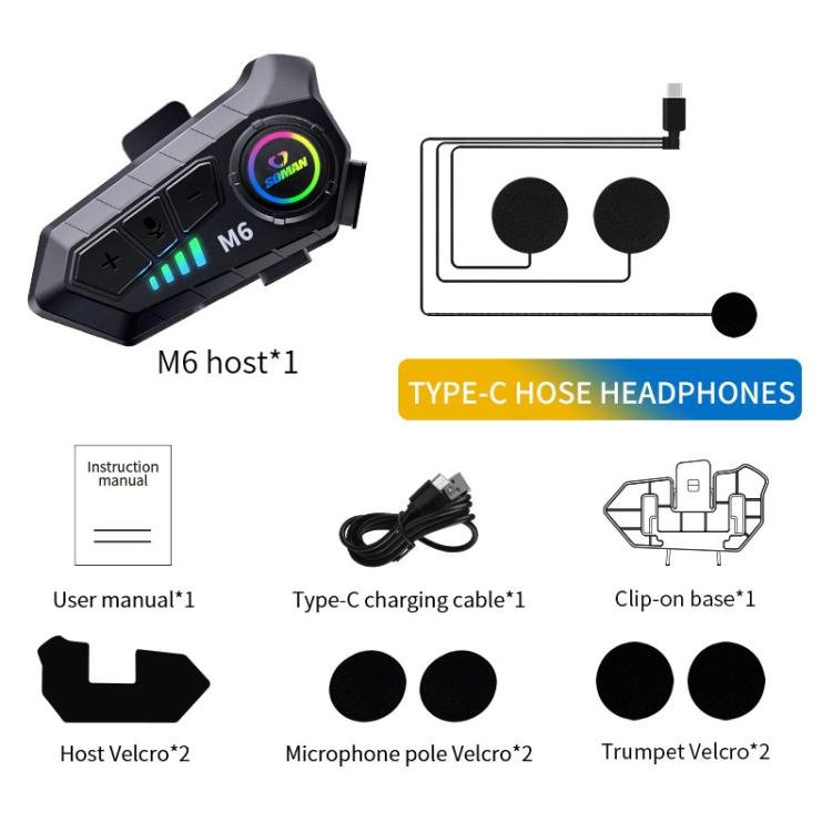 SOMAN Motorcycle Helmet Bluetooth Headset Stereo Voice Microphone, Style:M6-Soft Mic Secondary image