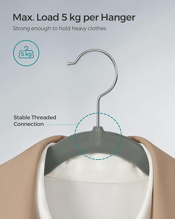 SONGMICS Velvet Hangers, Pack 30 Coat Hangers for Clothes, Non - Slip, with Shoulder Notches, Trouser Bar, 360° Swivel Hook, Space - Saving, 0.6 cm Thick, 43 cm Long, Grey CRF029V03 - Velvet Hangers - British D'sire