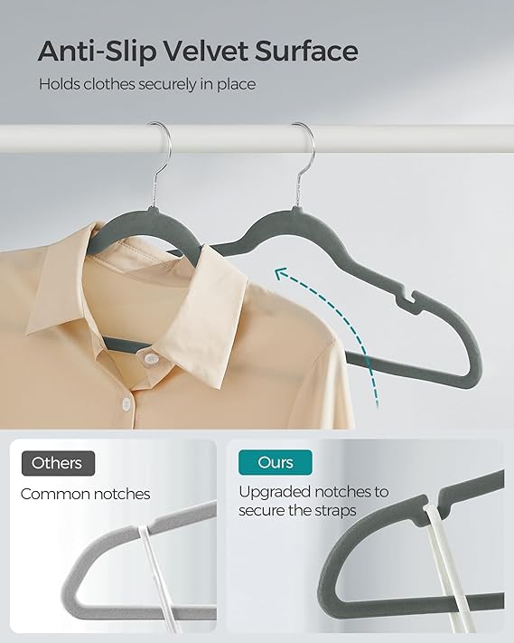 SONGMICS Velvet Hangers, Pack 30 Coat Hangers for Clothes, Non - Slip, with Shoulder Notches, Trouser Bar, 360° Swivel Hook, Space - Saving, 0.6 cm Thick, 43 cm Long, Grey CRF029V03 - Velvet Hangers - British D'sire