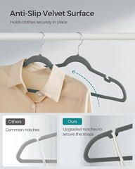 SONGMICS Velvet Hangers, Pack 30 Coat Hangers for Clothes, Non - Slip, with Shoulder Notches, Trouser Bar, 360° Swivel Hook, Space - Saving, 0.6 cm Thick, 43 cm Long, Grey CRF029V03 - Velvet Hangers - British D'sire