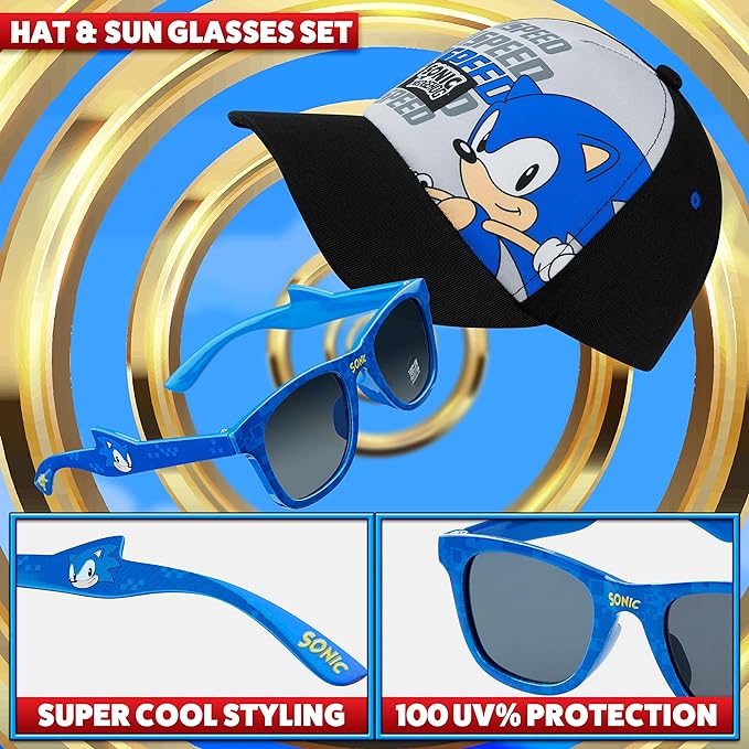 Sonic The Hedgehog Baseball Cap and Kids Sunglasses Summer Holiday Accessories Set Adjustable Strap Boys Cap 100 UV Protection Kids Sunglasses Sonic Gifts for Boys British D sire