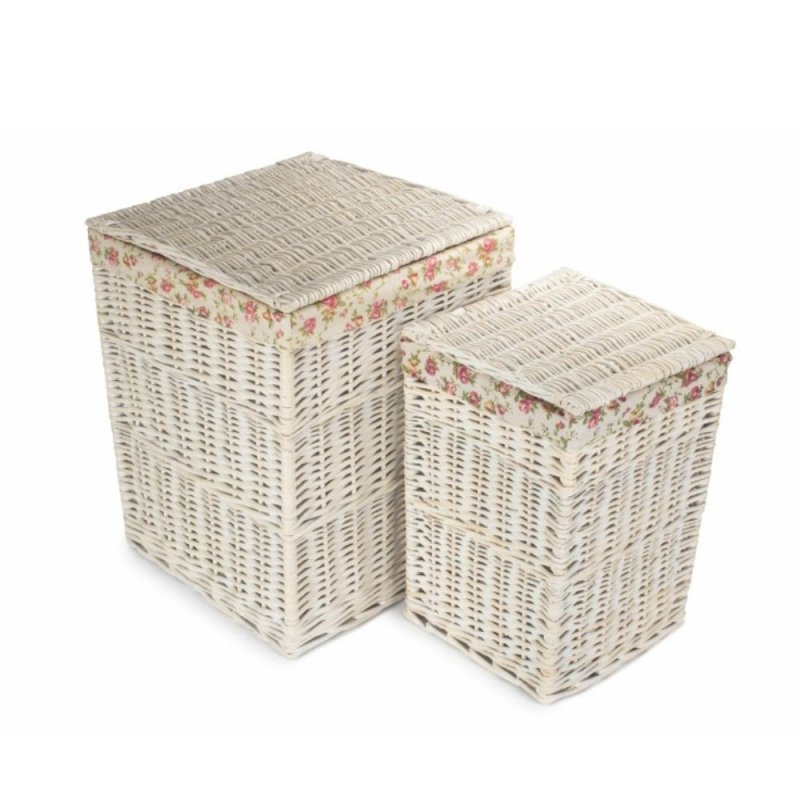 Square White Wash Wicker Laundry Basket Rose Lining - Laundry Baskets - British D'sire