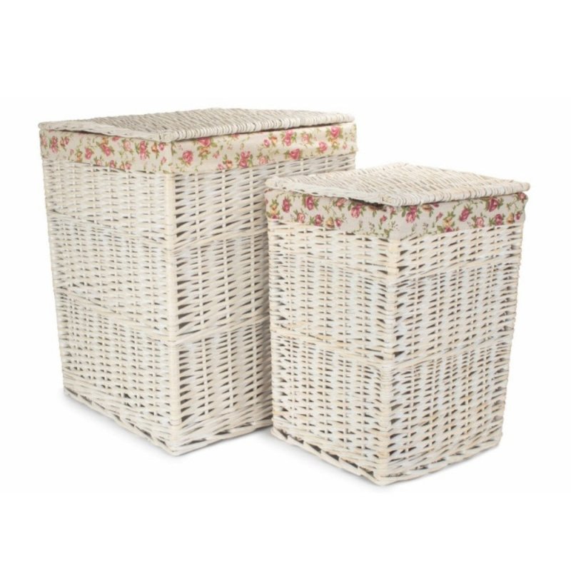 Square White Wash Wicker Laundry Basket Rose Lining - Laundry Baskets - British D'sire