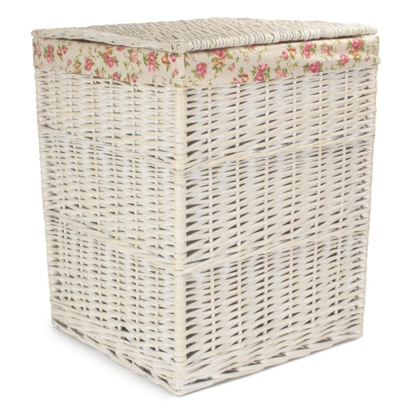 Square White Wash Wicker Laundry Basket Rose Lining - Laundry Baskets - British D'sire